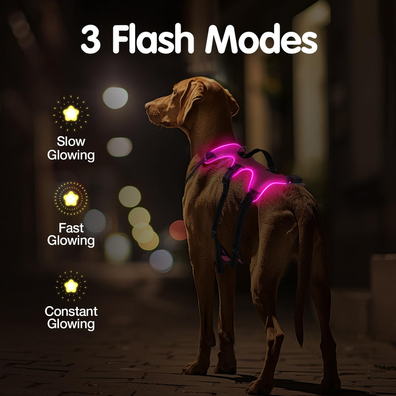 Jewyow Luminous Dog Harness, Rechargeable LED Dog Harness, LED Harness for Dogs with Soft Handle, 3 Adjustable Modes, Waterproof for Medium, Large Dogs, Pink-L Pink L - BeesActive Australia