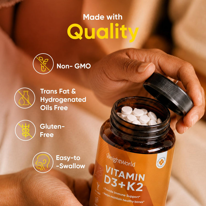 WeightWorld Vitamin D3 K2 4000 IU for Bone, Immune, Vascular Health & Max Calcium Absorption | 8-Month Supply | Lichen-Sourced Vegan D3 and K2 Supplements | K2 D3 Vitamin Supplements, Non-GMO Vitamin D3K2 4000IU Tablets