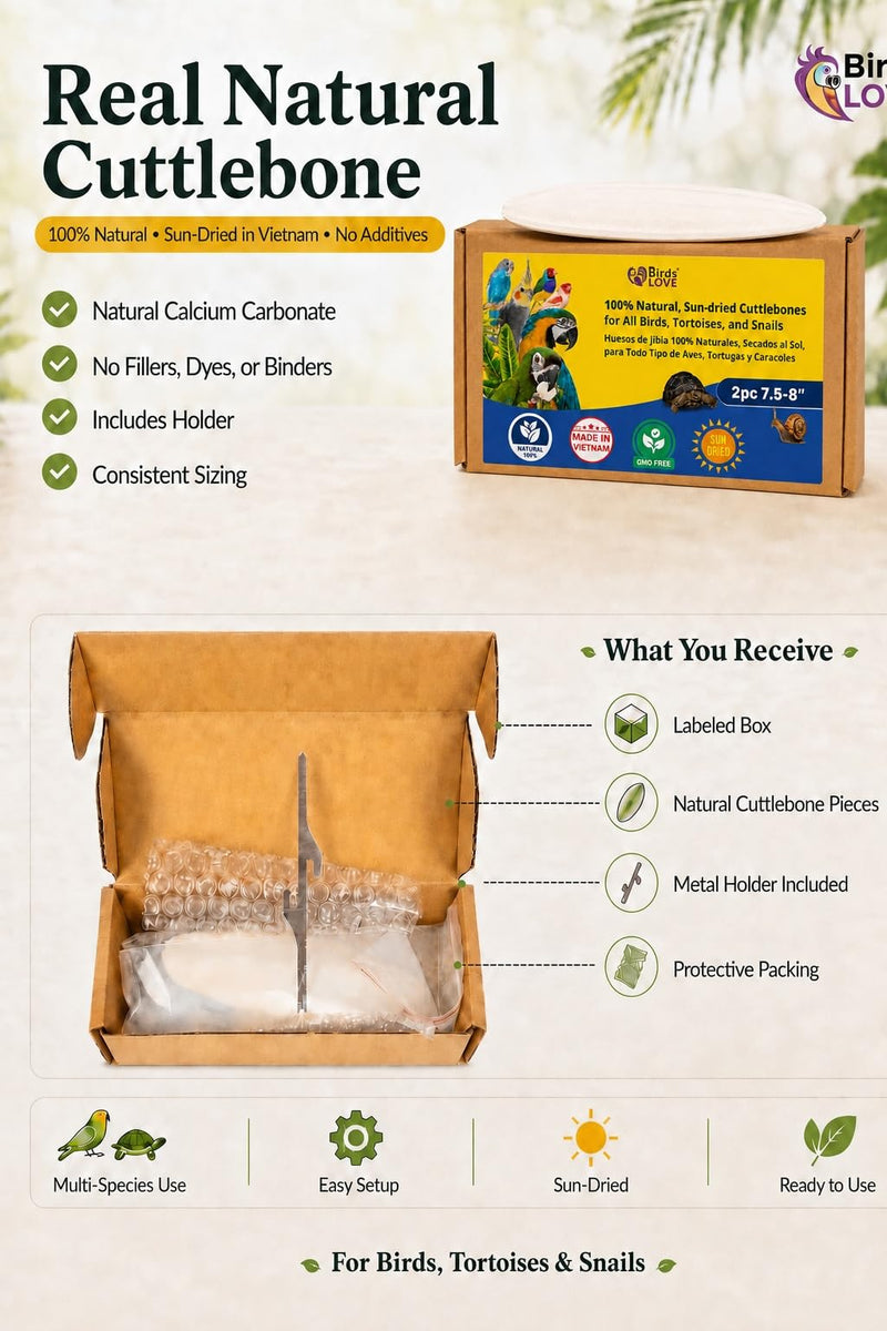 Birds LOVE 7.5-8" Cuttlebone for Birds – 100% Natural Sun-Dried Calcium Carbonate Mineral Supplement – for Parakeets, Budgies, Cockatiels, Finches & Canaries – 2 Pack with Holder – Made in Vietnam
