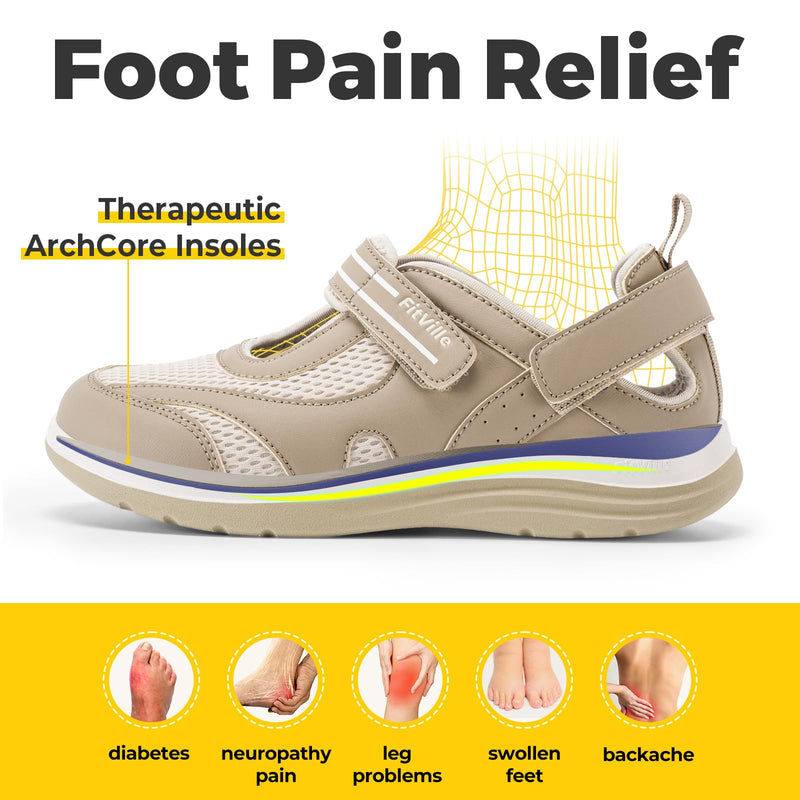 FitVille Diabetic Shoes for Women Extra Wide Width Diabetic Womens Sandals, Walking Shoes with Adjustable Closures Arch Support, Orthopedic Sandals for Flat Feet Heel Pain Relief,Plantar Fasciitis Khaki 8 X-Wide