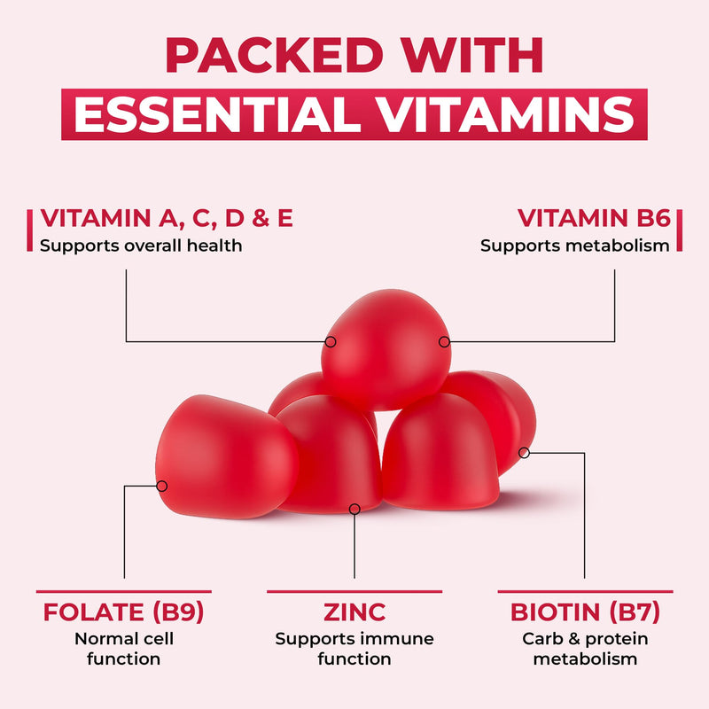 Adult Multivitamin Gummies for Men and Women — Hair, Skin, Nail & Immune Support, Daily Energy Boost — Low Sugar — Cherry & Strawberry Flavor — 60 Count (30-Day Supply)