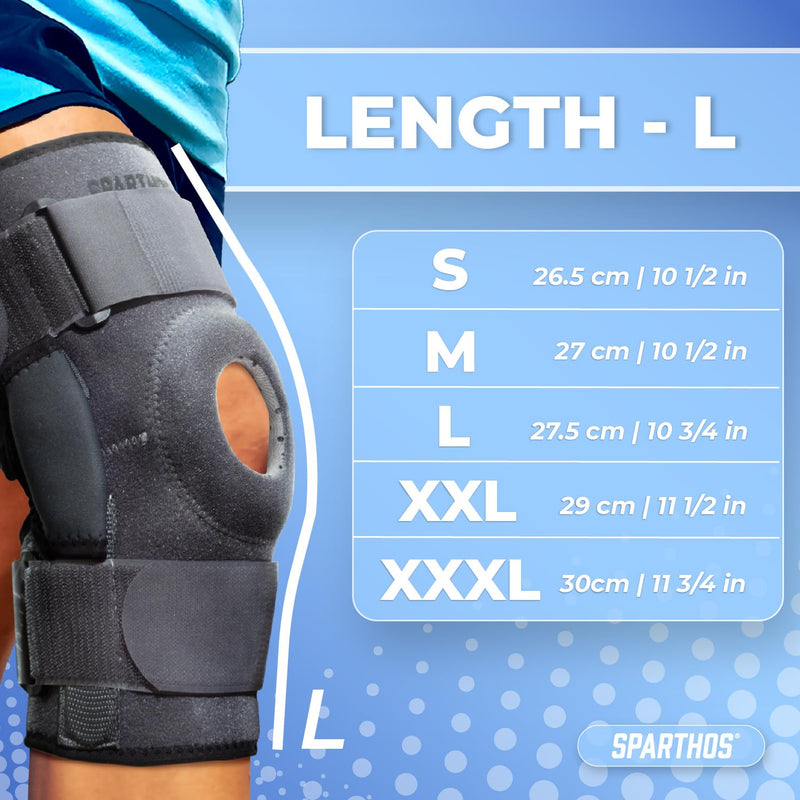 Sparthos Hinged Knee Brace - Relieves ACL, MCL, Meniscus Tear, Arthritis, Tendon Pain - Dual Metal Side Stabilizers - Support for Running, For Men and Women Check Size Chart (Large, 15½-20″ Thigh) Gray/Black Large