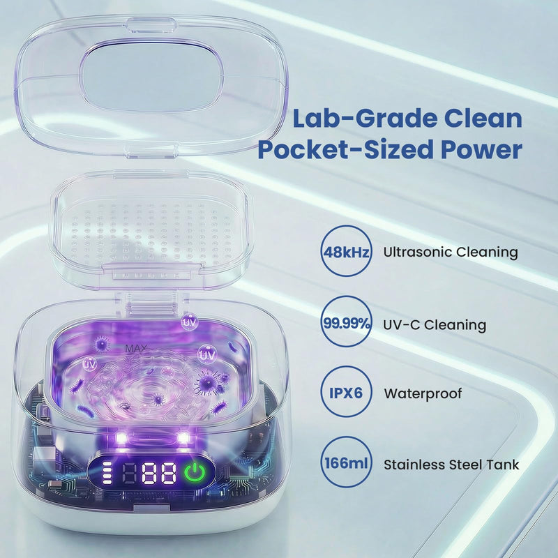 Portable Ultrasonic Retainer Cleaner with UV - Cordless Rechargeable Cleaner Machine for Invisalign, Aligners, Night Guards, Dentures | Travel-Ready with Built-in Mirror - BeesActive Australia