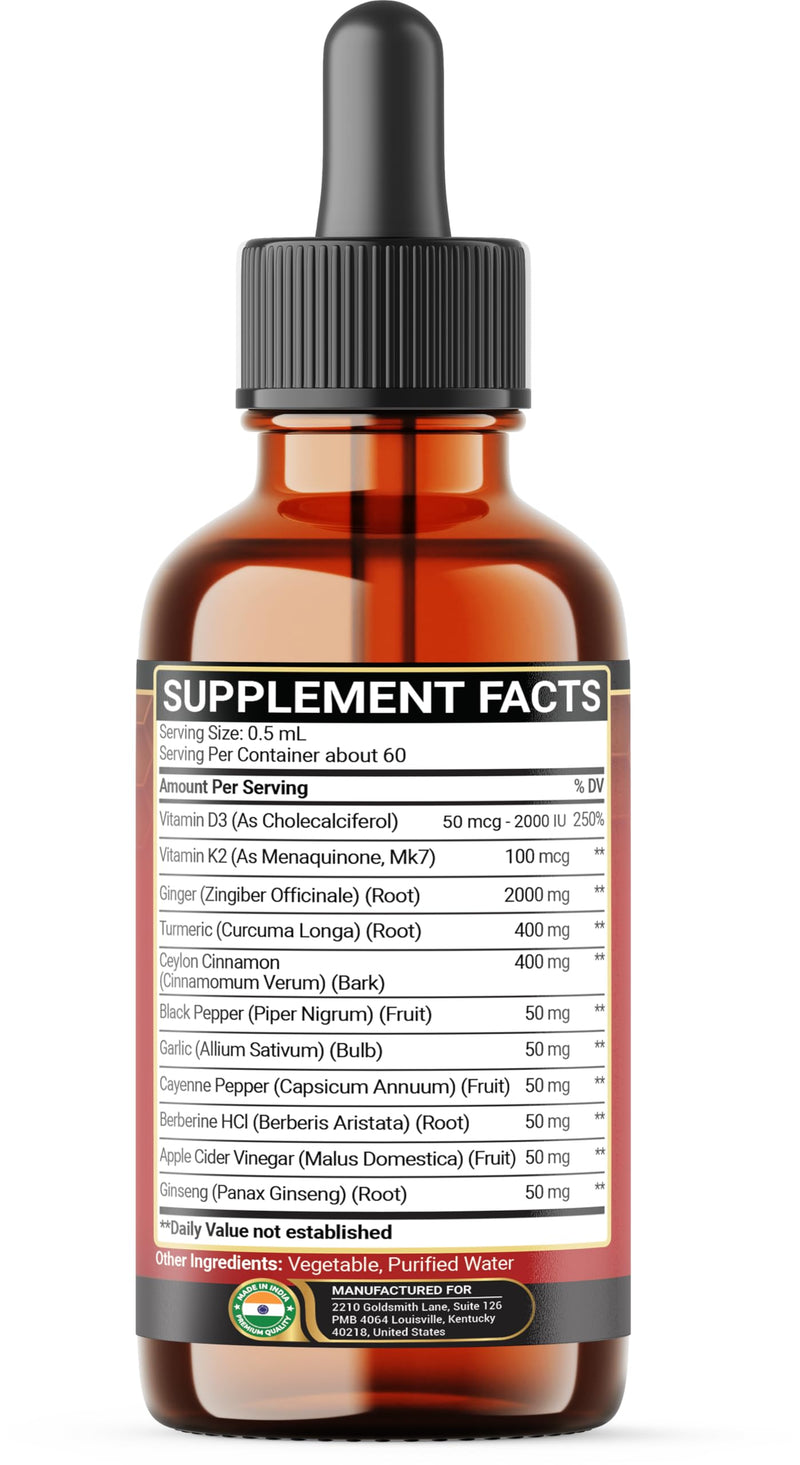 11in1 Liquid Ginger Extract with Liquid Turmeric, Ceylon Cinnamon Drops, Vitamin D3, Vitamin K2, Berberine Extract, Garlic, Black Pepper - Drops Extract - 1FL Oz - 2 Month Supply