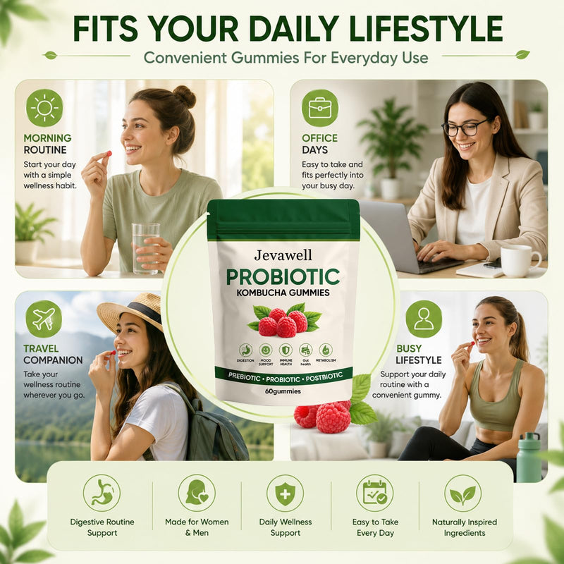 Jevawell Kombucha Gummies with Prebiotics & Fiber, Infuse Probiotic Kombucha Gummies for Women with Slippery Elm, Dandelion Root & MCT Oil, Daily Digestive Wellness Supplement, 60 Gummies 1