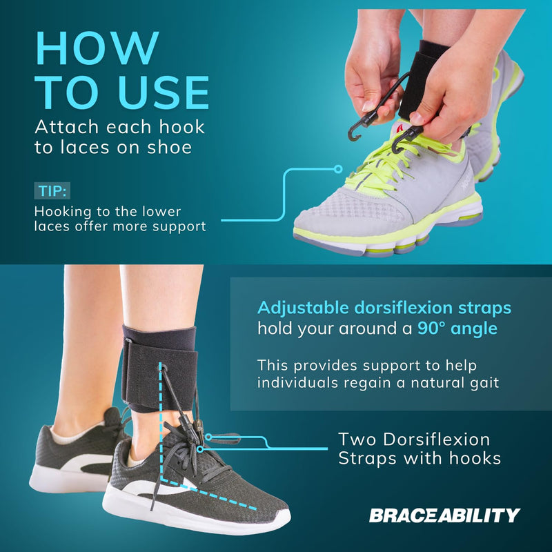 BraceAbility AFO Foot Drop Brace - Adjustable Soft Ankle Foot Orthosis Drop Foot Brace for Men and Women, Walking with Shoes, Toe Lifter Support, Dorsiflexion Assist Brace Fits Left or Right (L/XL) L/XL