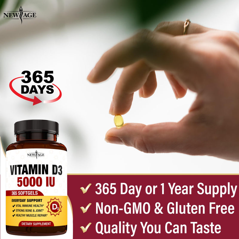 NEW AGE Vitamin D3 5000 IU 125mcg Softgels - Support Immune Support, Strong Bone Health - Non-GMO, Gluten-Free, Dairy-Free,1 Year Supply (360 Softgels (Pack of 1))