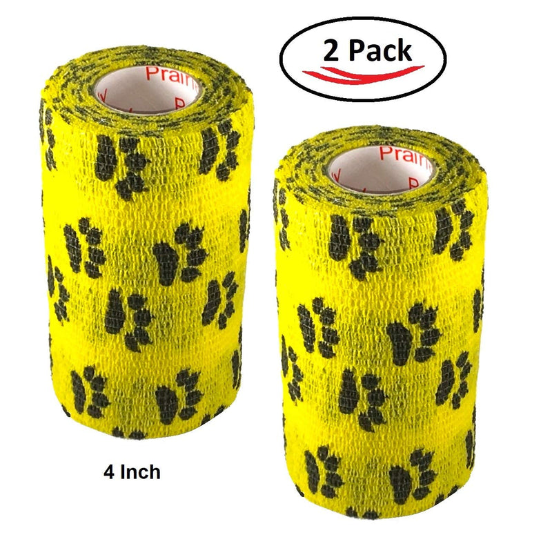 Vet Wrap Wrap Tape (Yellow with Paw Prints) (2 Pack) (2 Inch x 15 feet) Self Adhesive Adherent Adhering Cohesive Flex Self Stick Bandage Grip Roll Dog Cat Pet Horse 2 Inch 2 PACK Yellow With Black Paws - BeesActive Australia