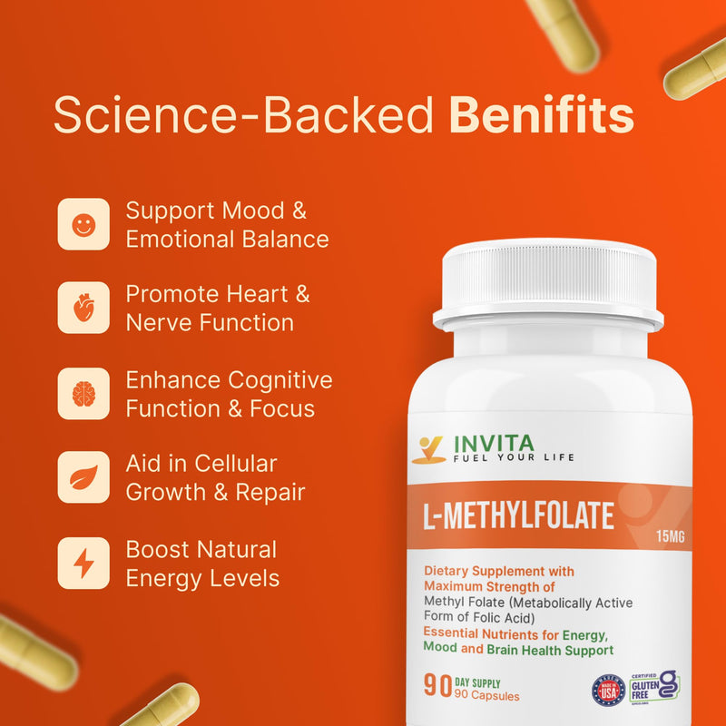 INVITA L-Methylfolate 15mg – Physician Formulated Active Methyl Folate - 5-MTHF Supplement for Energy, Mood & Brain Health Support - Non GMO, Gluten Free, 90 Capsules (3 Month Supply) 15 mg