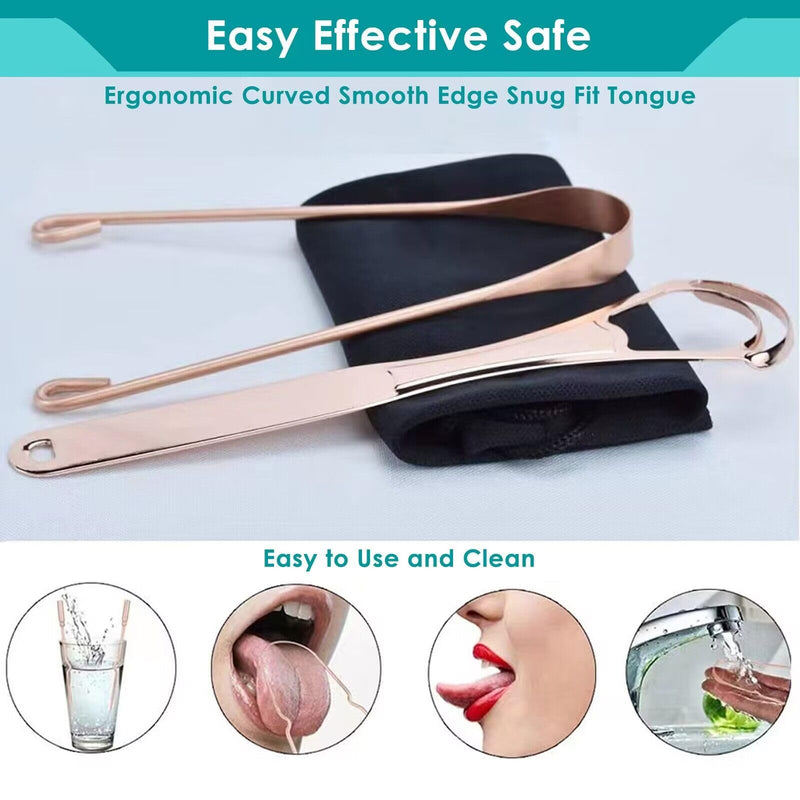 2Pcs Copper Tongue Scraper, Tongue Cleaner Set for Adults Kids, Stainless steel Wide Double Blades Oral Tongue Brush Cleaning Scrapping Sweeper for Fresh Breath and Mouth Hygiene Care with Travel Bag - BeesActive Australia