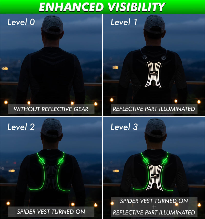 SPIDER Reflective Lighted Running Vest - Optic Fiber Technology, Bright, 360° Visible, Ultralight, Phone Pocket, Fully Adjustable Size XS-3XL - Reflective Running Gear for Safe Night Sports & Walking Standard size (XS-3XL)