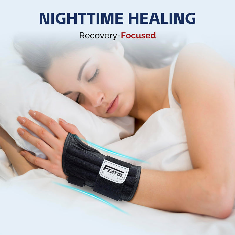 FEATOL 2 Pack Carpal Tunnel Wrist Brace For Work With Wrist Splint, 6.5'' Wrist Brace Night Support For Women Men, Pain Relief For Tendonitis, Arthritis, Pregnancy, Typing, Right and Left Hand, Medium 2 Pack (R and L)-Black.