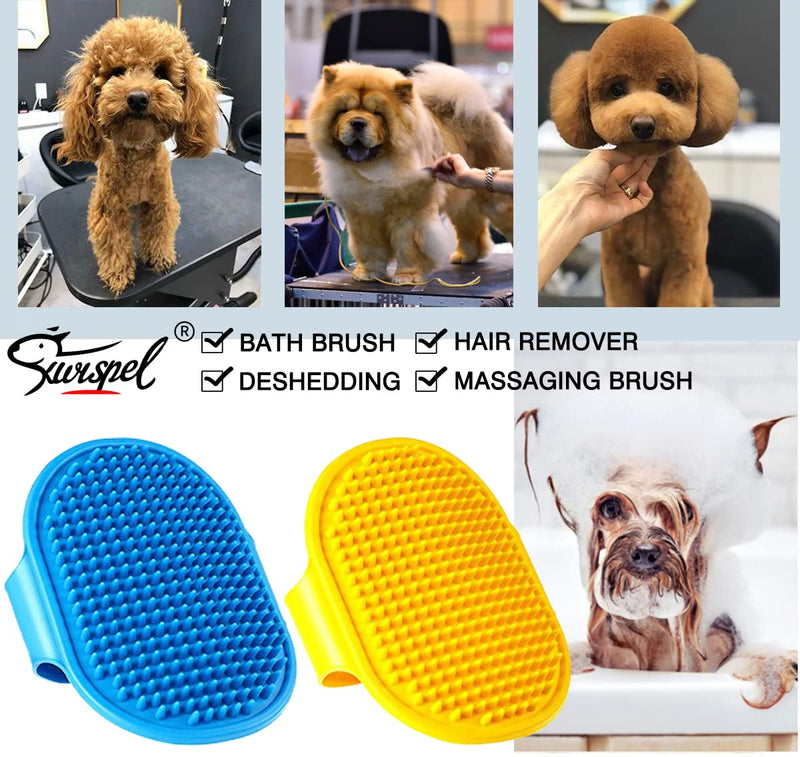 2 Pcs Dog Grooming Brush, Pet Shampoo Brush Dog Bath Grooming Shedding Brush Soothing Massage Rubber Comb with Adjustable Strap for Short Long Haired Dogs and Cats Blue & Yellow - BeesActive Australia