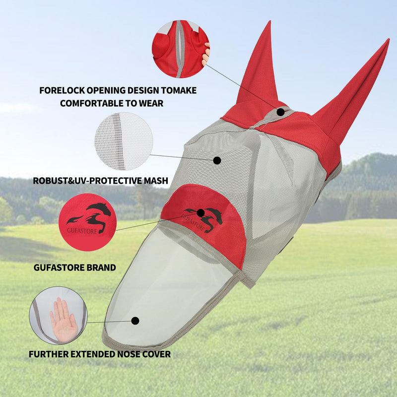 Horse Fly Mask with Long Nose and Ears,Red,Medium Size Medium Red - BeesActive Australia