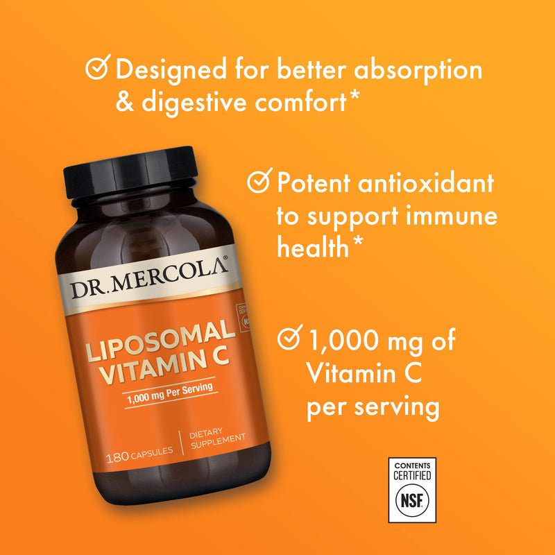 Dr. Mercola Liposomal Vitamin C, 1,000 mg per Serving, 90 Servings (180 Capsules), Dietary Supplement, Supports Immune Health, Non GMO, NSF Certified 180 Count (Pack of 1) - BeesActive Australia