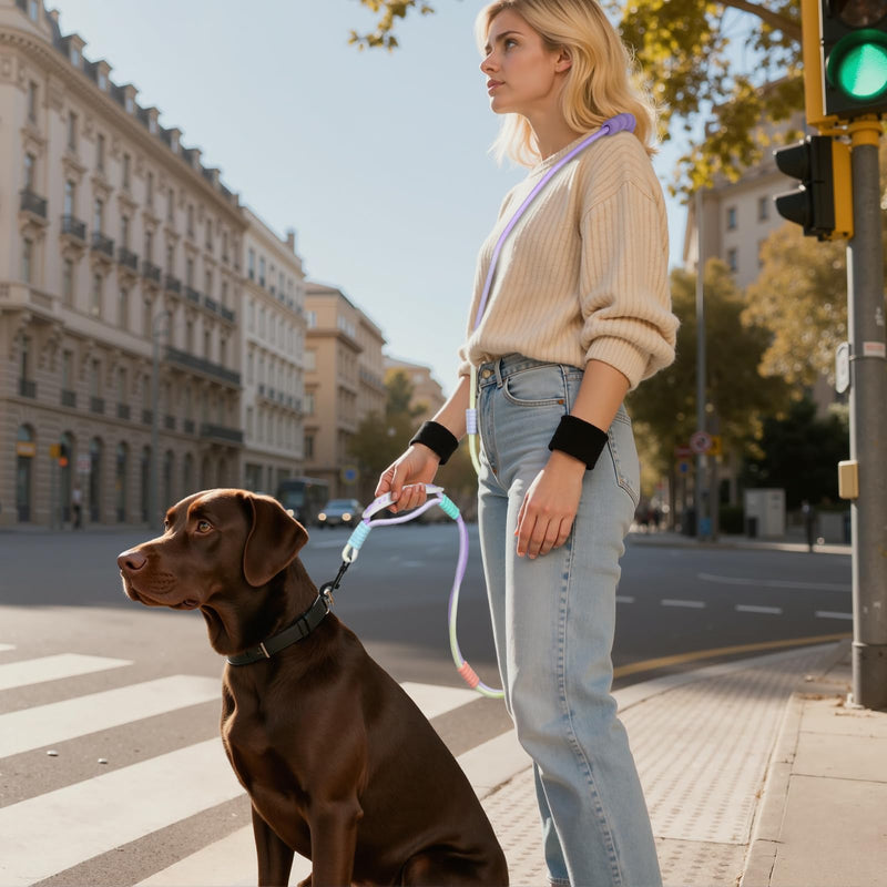 Hands Free Dog Leash Dual Handle, Wearable Leashes for Dog, Padded Waist Belts and Rotating Metal Clip,for Small Medium Large Dogs (18+ lbs) Walking Training Running (Purple Green, 6.5 FT) Purple green - BeesActive Australia