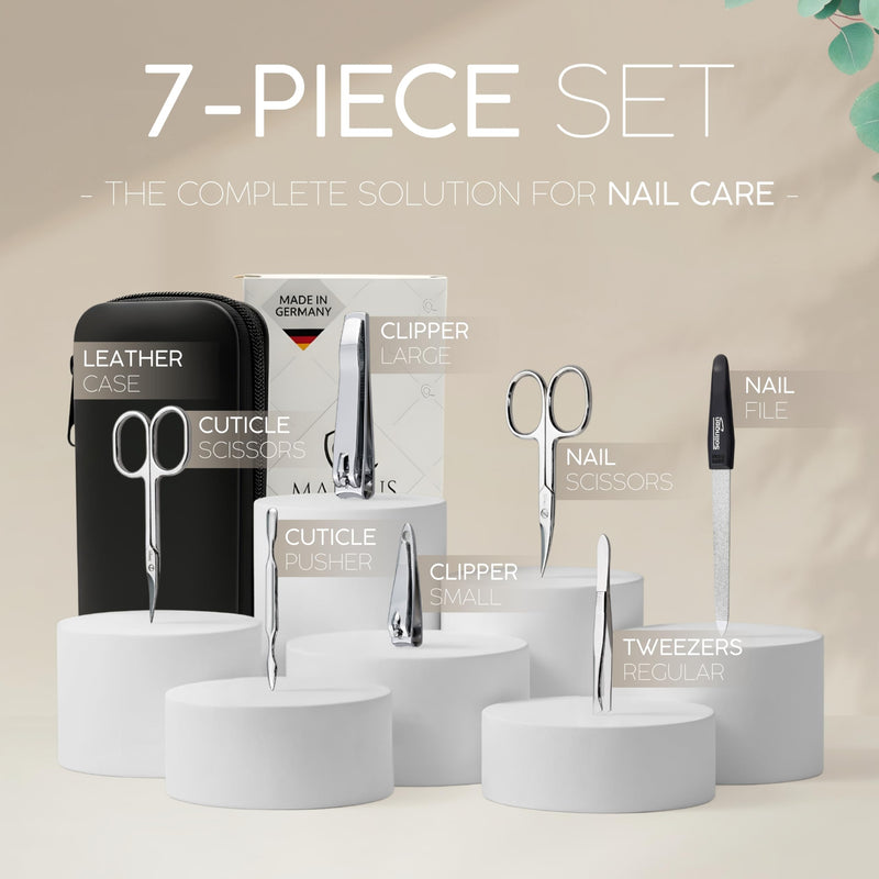 Manicure Set Solingen Made in Germany - 7 Piece Exclusive Finger & Toe Nail Clippers Kit for Women and Men in Real Leather Case, Color Black Nappa Black