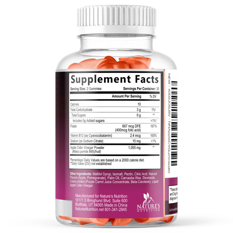 Apple Cider Vinegar Gummies for Weight Loss - Sugar Free - Max Strength ACV Gummy with Vitamin B12 & The Mother - Metabolism & Energy Support - Vegan Apple Cider Vinegar Gummy Supplement - 60 Gummies 60 Count (Pack of 1)