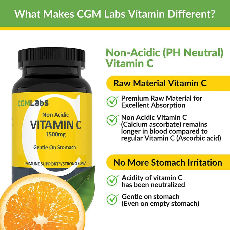Non Acidic Vitamin C Dietary Supplement 1500mg with Calcium. Gentle on Stomach, Immune/Bone Support- 100 Caps by CGM Labs 1 Count (Pack of 100)