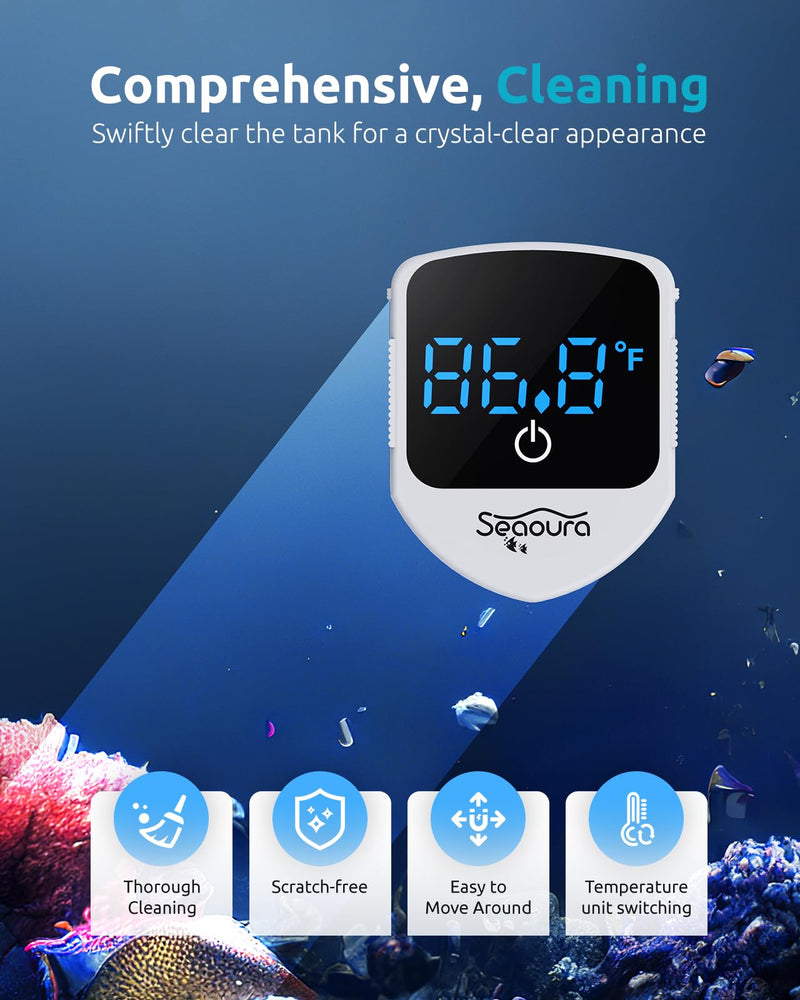 SEAOURA 2-in-1 Aquarium Magnetic Cleaner with Digital Aquariums Thermometer, Fish Mini Magnets Brush only for Glass Tank,Tiny Magnet Floating Cleaning Tool for 1-30 Gallons Black