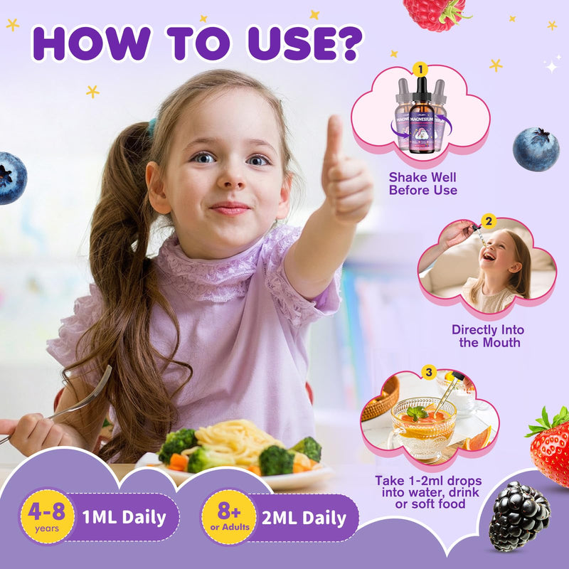 2 Pack Magnesium Glycinate Liquid for Kids - Magnesium Bisglycinate Drops with L-Theanine, Chamomile & Vitamin B6, B12, C, D3 for Sleep, Relaxation, Immune Support, Calm & Focus - 4 Fl Oz, Mixed Berry 2 Fl Oz (Pack of 2)