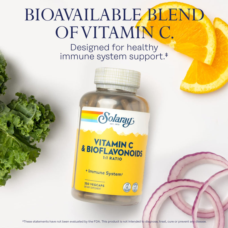 SOLARAY Vitamin C 500 mg with Citrus Bioflavonoids, 250 VegCaps | Immune, Antioxidant & Cellular Support, 1:1 Vit C & Bioflavonoids with Rose Hips & Acerola, 125 Servings, Vegan, Lab Verified 250 Count (Pack of 1)