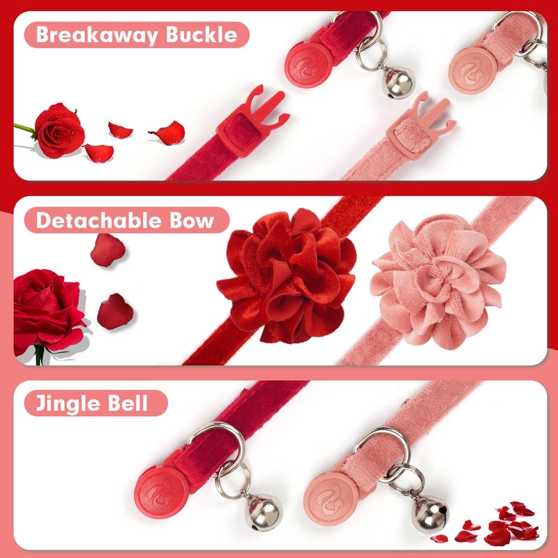 azuza 2 Pack Cat Collar Floral with Bell and Removable Flower Bowtie Breakaway Adjustable Velvet Fabric Cat Collar for Pets Valentine's Day Gift and Daily Decoration，Wine Red & Rose Pink Neck: 8"-12" Wine Red & Rose Pink - BeesActive Australia