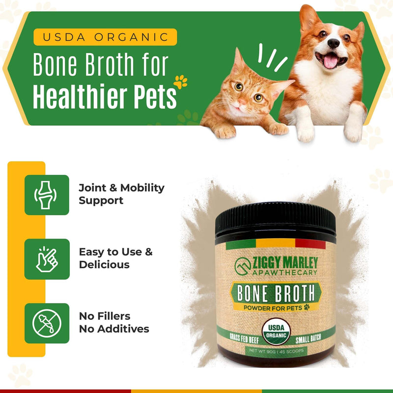 Ziggy Marley's USDA Organic Beef Bone Broth Powder for Dogs & Cats - Support Joints, Coat, and Skin - Human Grade Grass Fed Beef, 90 Grams 90 Grams Jar