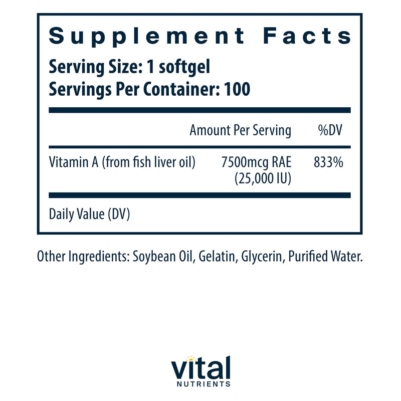 Vital Nutrients Vitamin A 7500mcg RAE | Vitamin A Supplement for Immune Function, Vision, Skin, and Cellular Health | Gluten, Dairy, Soy Free | Non-GMO | 100 Capsules (Pack of 2) 100 Count (Pack of 2)