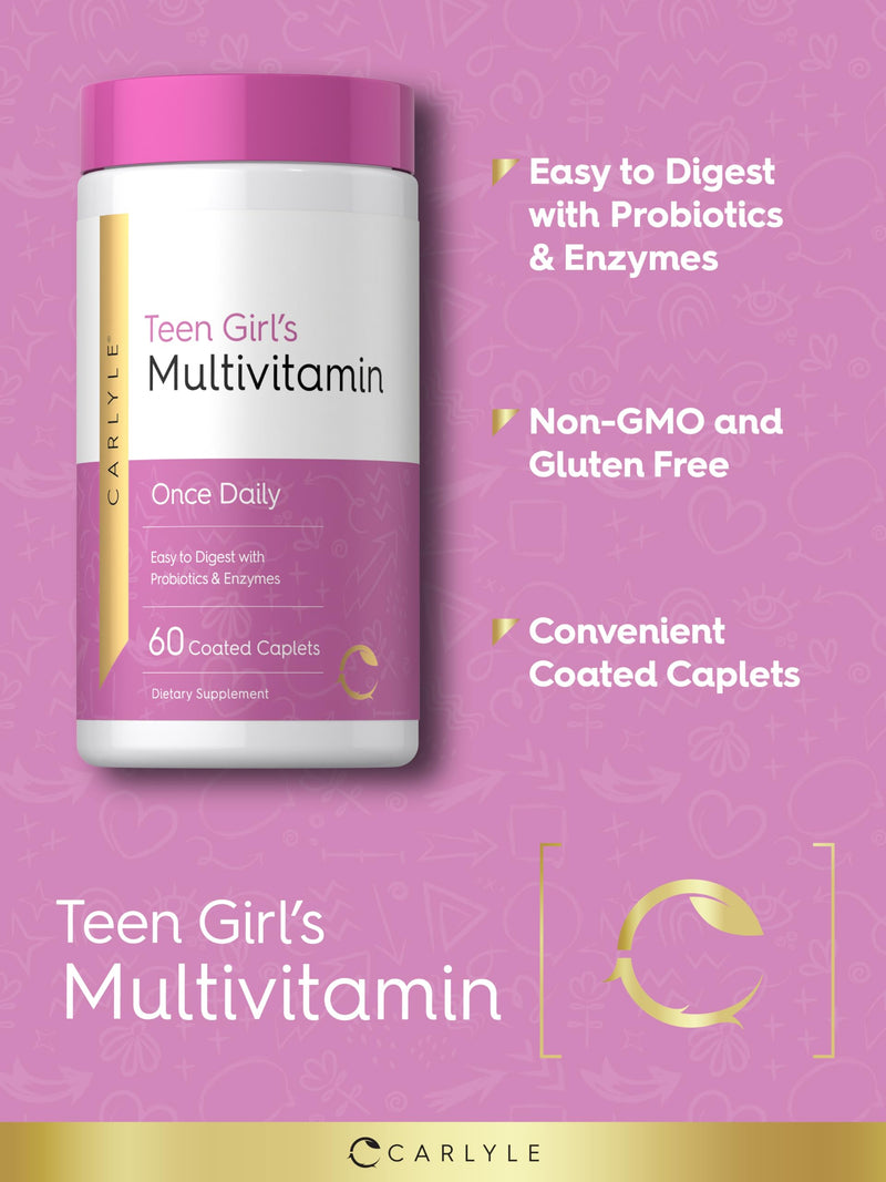 Carlyle Teen Multivitamin for Girls | 60 Caplets | Once Daily | Easy to Digest with Probiotics & Enzymes | with Iron | Non-GMO, Gluten Free