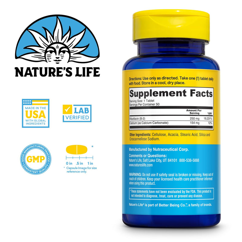 Nature's Life Vitamin B-2 250 mg - Vitamin B2 Energy Pills for Metabolism Support - High-Potency Riboflavin Plus Calcium Supplement - One Per Day - 50 Servings, 50 Tablets 50ct