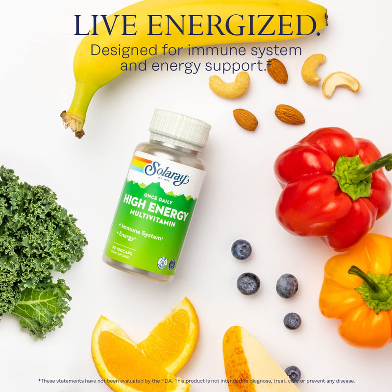 SOLARAY Once Daily High Energy Multivitamin, Iron Free, Immune System and Energy Support, Whole Food and Herb Base Ingredients, Mens and Womens Multi Vitamin (30 Servings, 30 VegCaps) 30 Count (Pack of 1)