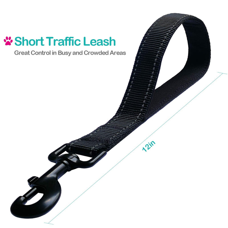 Short Dog Leash - Traffic Padded Handle - Heavy Duty - Short Nylon Dog Lead for Training Control - Reflective Threads Pet Leashes for Large Dogs and Medium Dogs (12 Inch, Reflective Black) 12 Inch - BeesActive Australia