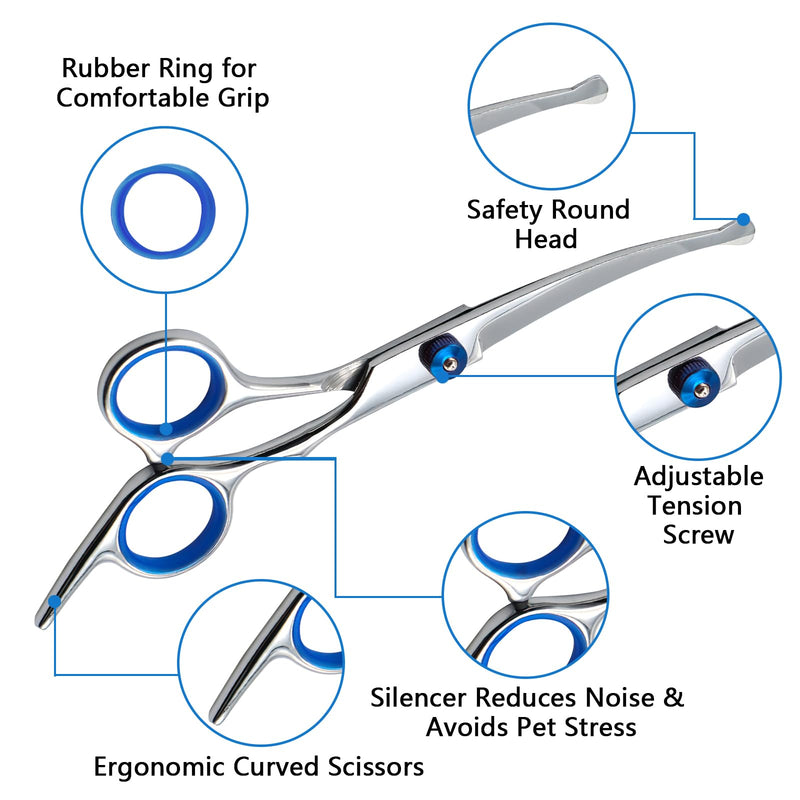 Curved dog scissors, dog scissors for dogs and cats, stainless steel fur scissors, dog safety round tip, professional dog hair scissors with adjustable screw (total length 17 cm) - BeesActive Australia