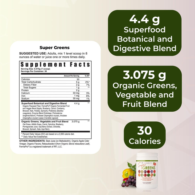 Youngevity Super Greens Daily Vitamin and Mineral Powder Supplement, 255 g | Super greens formula, blended vitamins and minerals, daily nutritional support, convenient powder supplement, 255 g canister