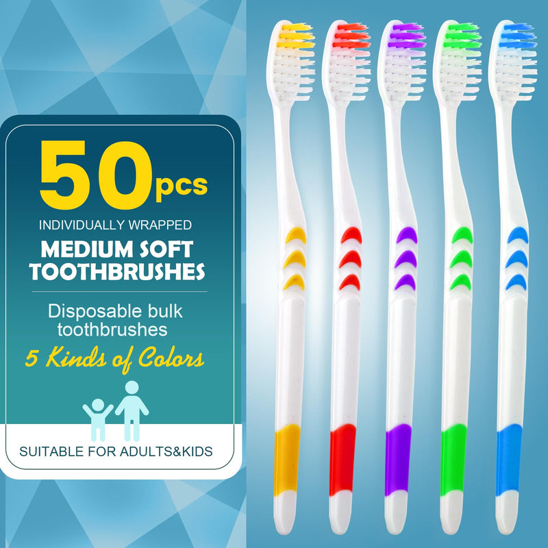 Navona 50 PCS Premium Individually Wrapped Bulk Toothbrush Pack, Disposable Toothbrushes, Kids Toothbrush, Medium Soft Bristle Toothbrushes, Ergonomics Handle, Perfect for Travel Hotel Donation - BeesActive Australia