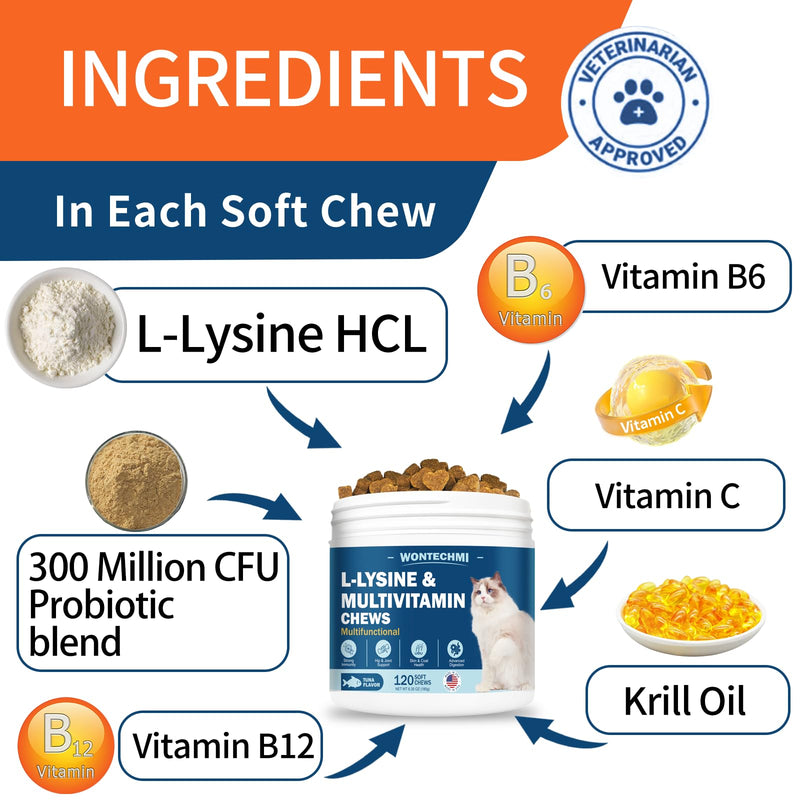 L-Lysine Supplement for Cats, Cat Vitamins for Sneezing, Runny Nose, Cold, Immune Support, Eye Function and Respiratory Health, Natural Lysine Cat Treats (120 Chews, Tuna) 120 Chews