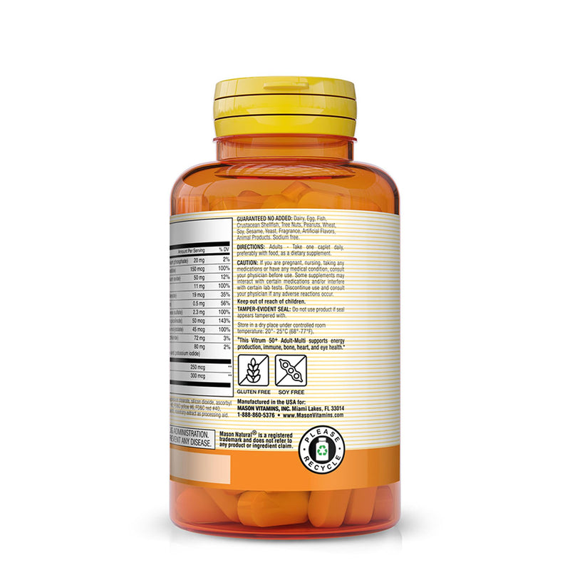 MASON NATURAL Vitrum 50 + Adult-Multi, Iron Free - Vitamins A C D E K B, Folate, Calcium, Iron, Zinc, Potassium, Magnesium, 100 Tablets