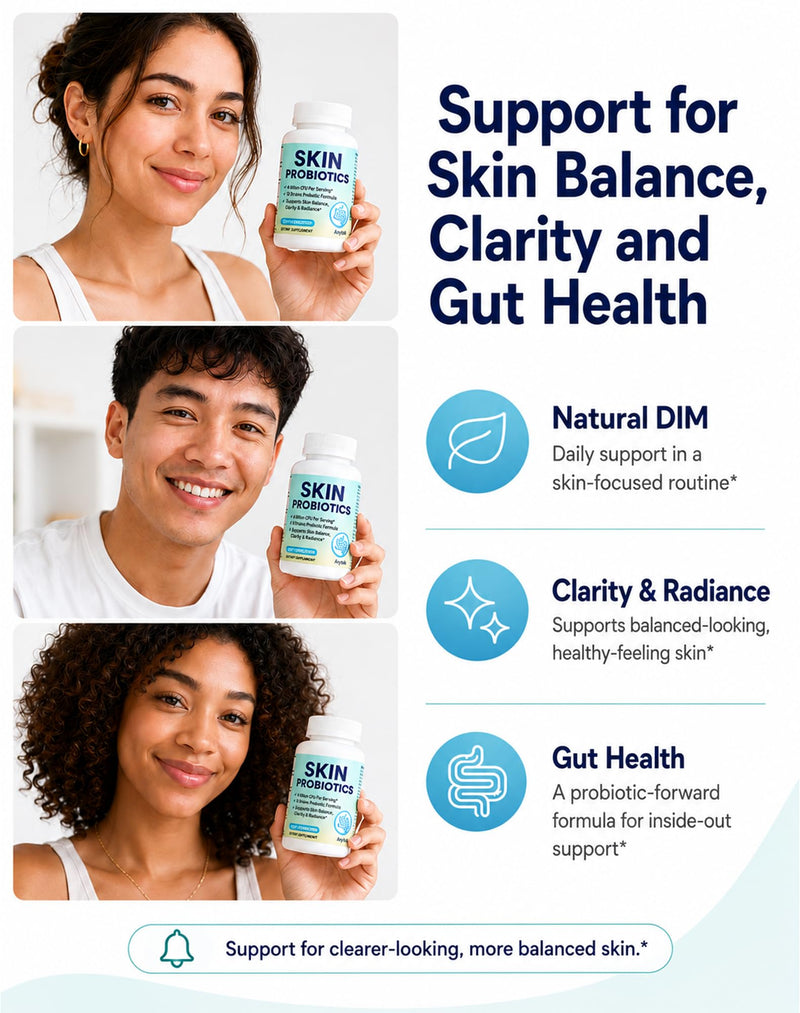 ANYTALK Skin Probiotic Supplement for Women & Men, DIM Capsules for Skin Clarity & Balance, Hormonal Acne Support Formula, Clear Skin Supplement with Vitamins & Enzymes, 60 Capsules