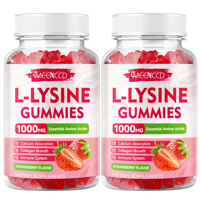 MEENCCD 2 Pack L-Lysine 1000mg Gummies, Lysine Supplement for Adults & Kids, Essential Amino Acid for Oral & Lips Health, Boost Immune & Calcium & Collagen, Sugar-Free, Strawberry Flavor, 120 Count 60 Count (Pack of 2)