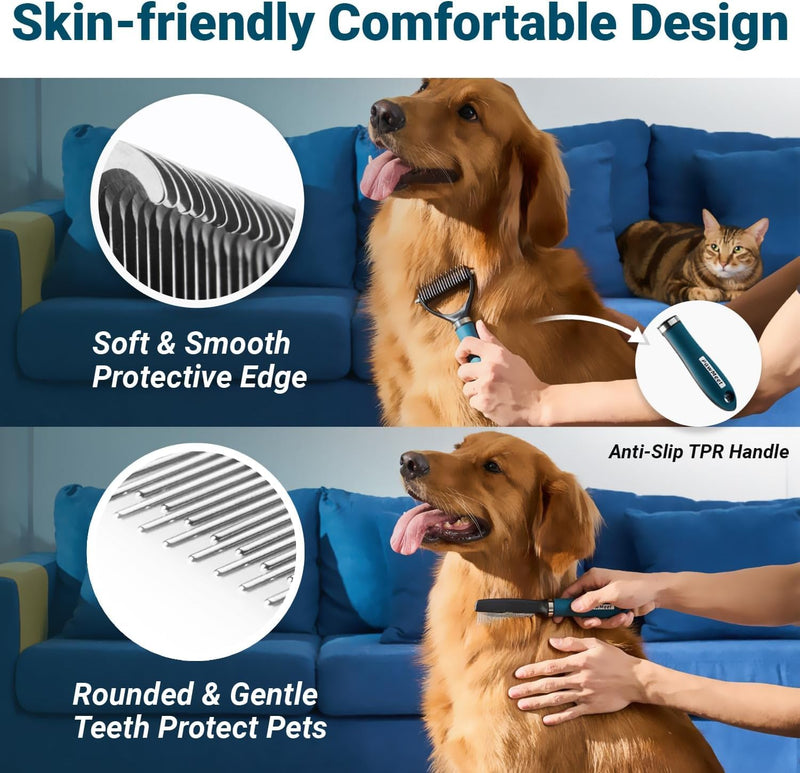 Deshedding Dog Brush Dog Comb Combo, Professional Undercoat Rake, Pet Grooming Brush for Dog Cat Grooming Supplies, Dematting Deshedding Brush Dogs Shedding Tool for Long Matted Haired Pets Blue - BeesActive Australia