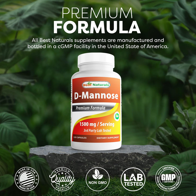 Best Naturals D-Mannose Capsules - Urinary Tract Cleanse Supplement 1500mg/Serving - 120 Count 120 Count (Pack of 1)