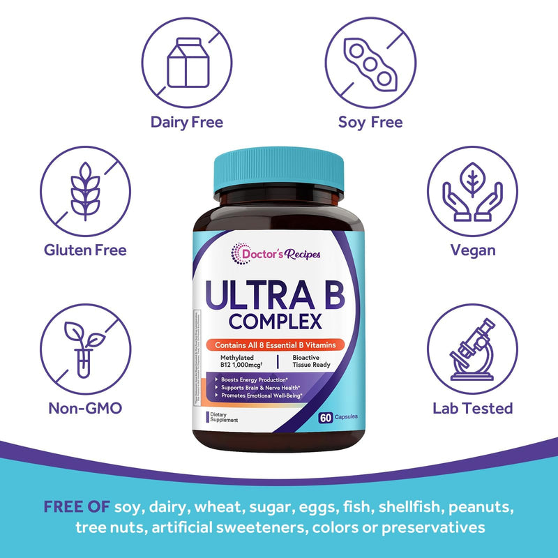 Doctor's Recipes Ultra B Complex Vitamins for Women and Men, with Methylated B12 1000mcg, B6, B1, Folic Acid, for Energy Metabolism, Nerve & Mood Support, Vegan, 60 Capsules, 30 Day Supply