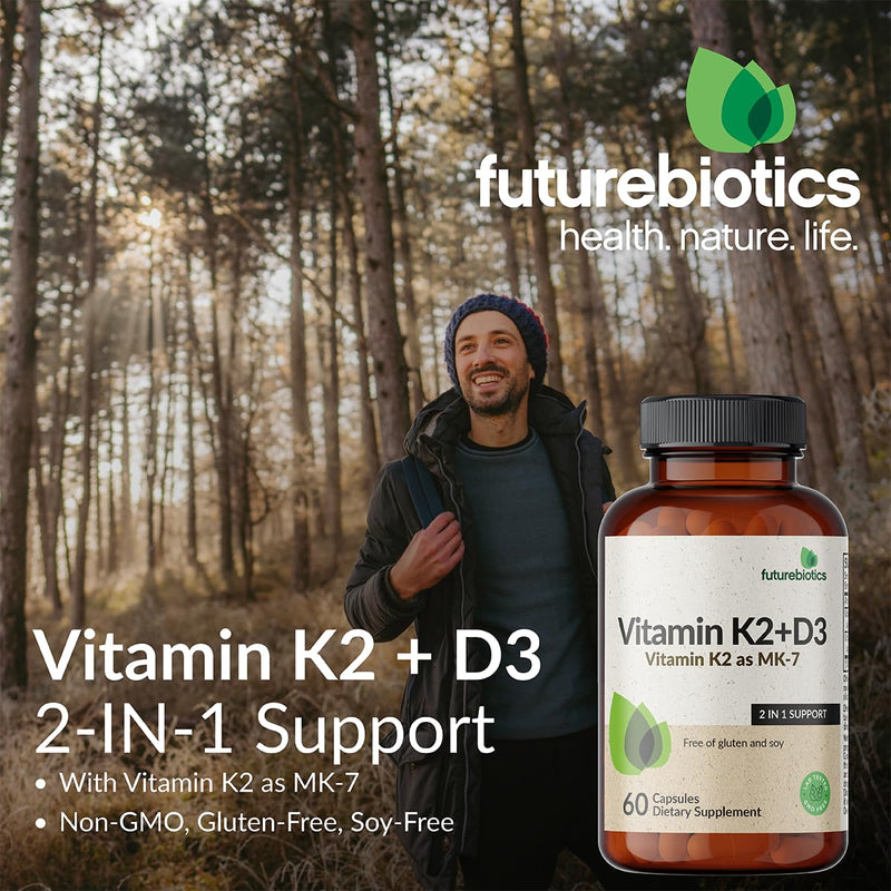 Futurebiotics Vitamin K2 MK-7 90 mcg + D3 5000 IU, 120 Vegetarian Capsules | 2-in-1 Bone, Immune & Heart Health Support, Helps Transport Calcium to Bones, Non-GMO, Gluten-Free & Soy-Free 120 Count (Pack of 1)