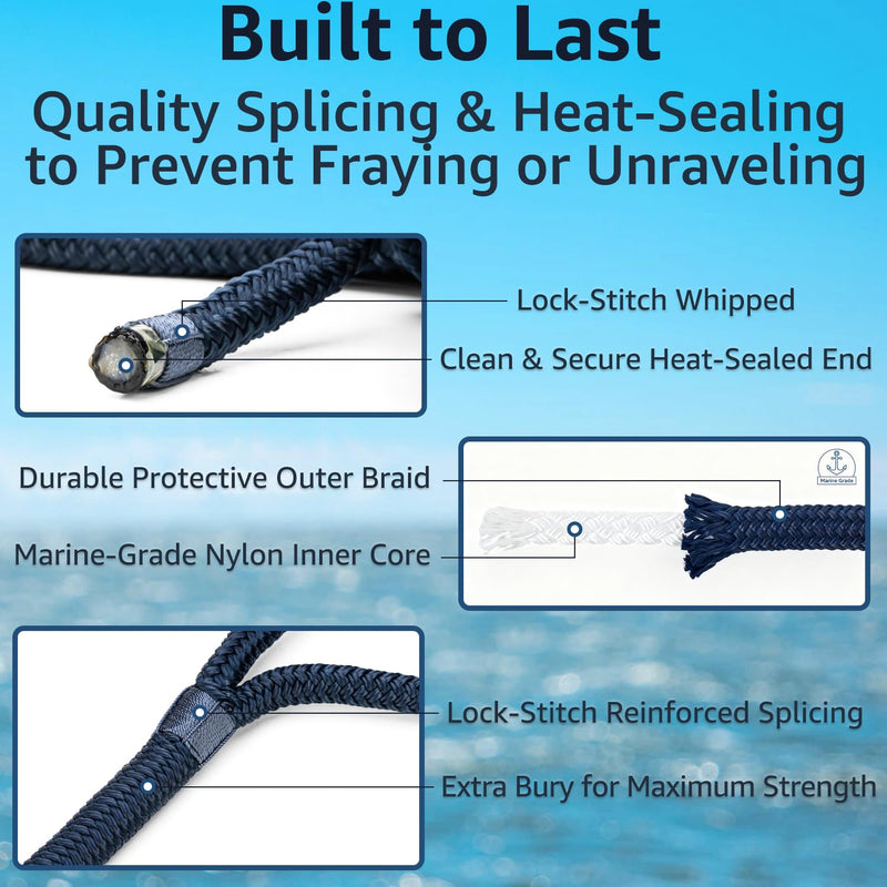 Double Braid 5/8" x 20' Boat Dock Lines (4-Pack) – Nylon Boat Ropes for Docking with 15" Spliced Eye – Heavy Duty Marine Rope – Soft & Durable Boat Lines for Pontoon and Light Boat (Navy Blue) 5/8" x 20' (Pack of 4)