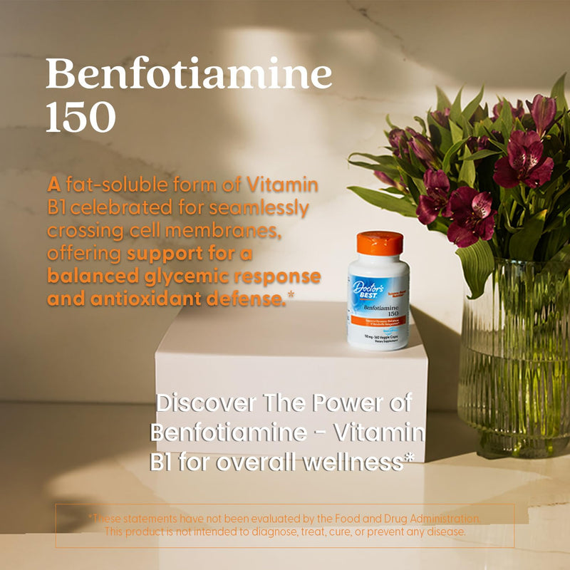 Doctor's Best Benfotiamine 150mg Supplement - Bioavailable Vitamin B1 for Men & Women, Benfotiamine Capsules, Supports Nerve & Metabolic Health, Antioxidant Support, Non GMO, Vegan - 360 Veggie Caps Unflavored 360 Count (Pack of 1)