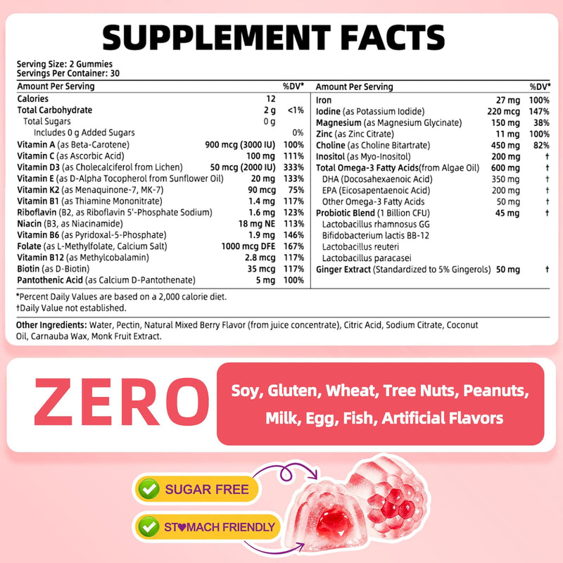 Prenatal Vitamins for Women Gummies w/ DHA Iron Choline Methylfolate, 60Cts | Prenatal Gummies w/ Vegan Omega-3, Multivitamin, Probiotics, Postnatal Vitamin for Women Before, During & After Pregnancy 60 Count (Pack of 1)