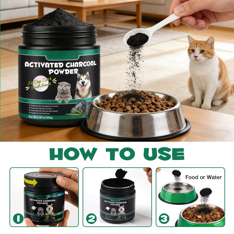 Pet Activated Charcoal Powder,Organic Natural Powdered Activated Charcoal Supplement for Dogs,Cats,Poultry and All Pets-Digestive Support,Bad Breath Relief & Gas Reduction,Intestinal Support | Non-GMO