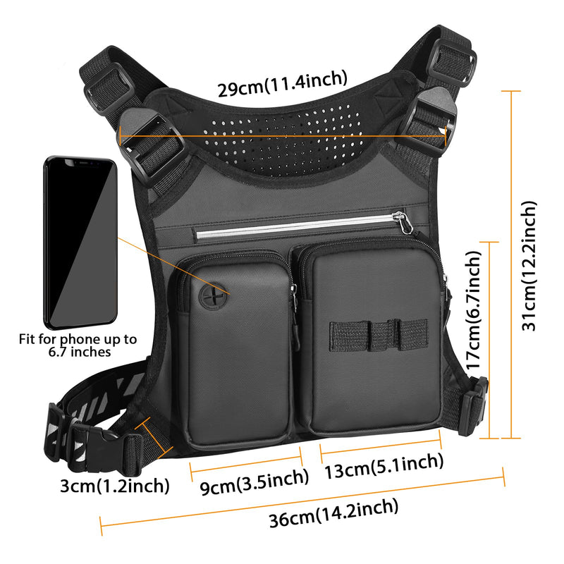 Chest Bag for Men, Waterproof Sports Utility Chest Pack with Water Bottle Holder&Phone Holder, Lightweight&Adjustable EDC Sports Chest Bag for Workout Running Fishing Cycling Hiking Skiing Black
