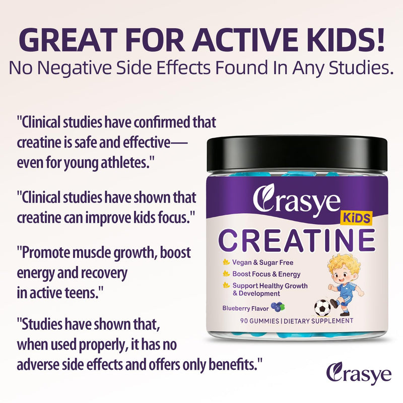 Creatine Gummies for Kids and Teens with Vitamin B12 | Sugar Free Creatine Monohydrate Gummy Support Children Growth Blueberry Flavor 90 Gummies